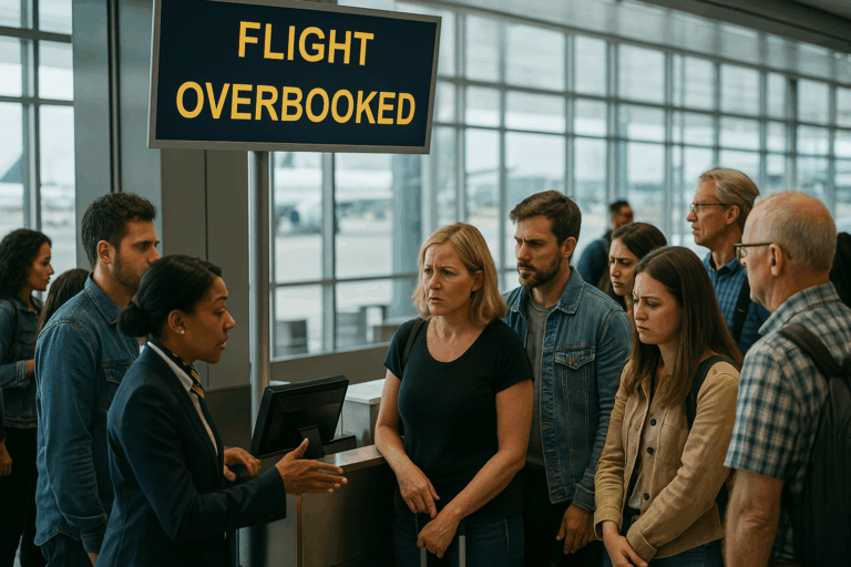 Cảnh sân bay, khu check-in đông đúc, nhân viên thông báo Overbooking.