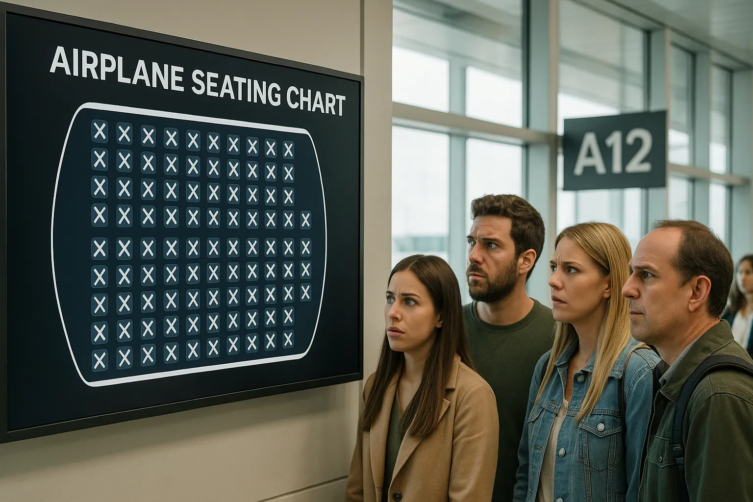 Sơ đồ máy bay hiển thị ghế sold out nhưng vẫn còn khách chờ ngoài cổng.